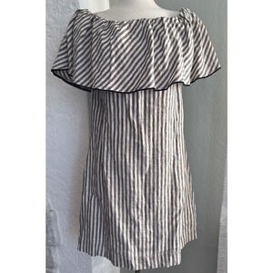Trina Turk Out of Office White Gray Stripe Off Shoulder Linen Dress Women’s M